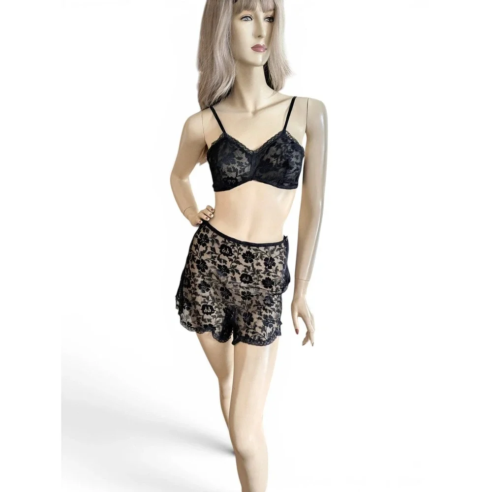1930s Black Mesh Lingerie Set XS/S Blanche‎ Deadstock Bralette Tap Panties NOS